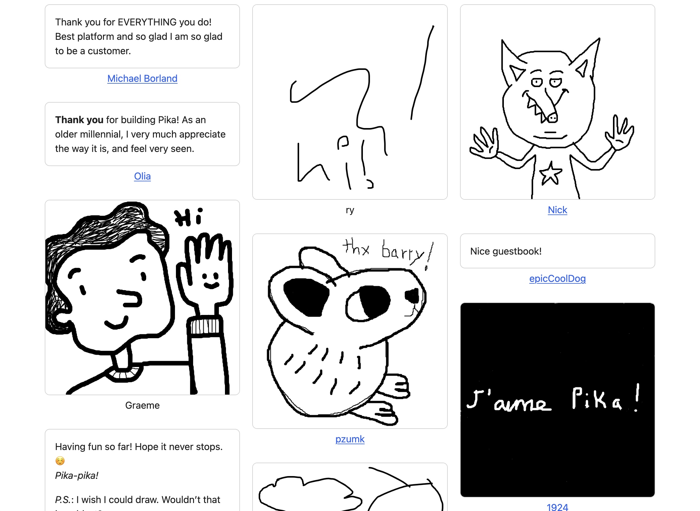 A screenshot of a Pika guestbook