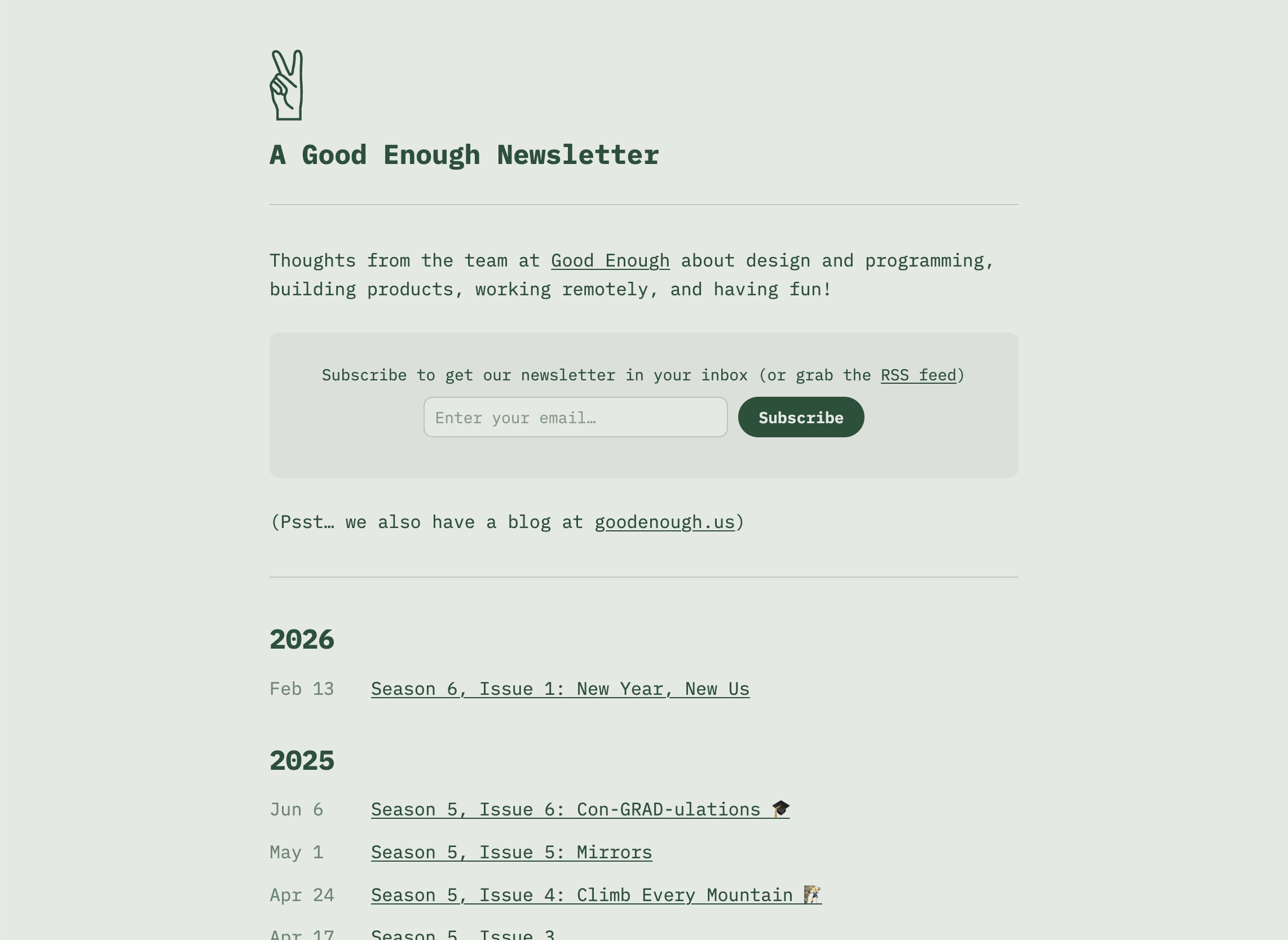 A screenshot of a Pika blog with a newsletter subscribe form