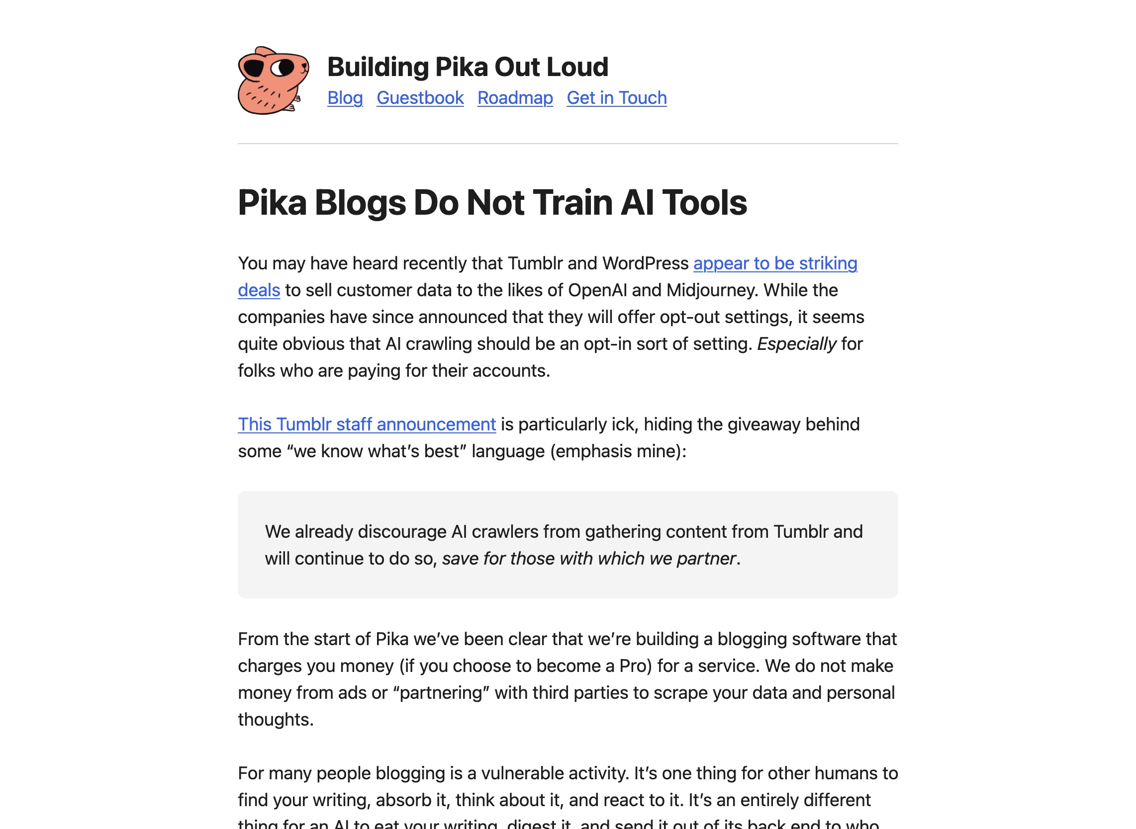 A screenshot of a post on Pika about not training AI
