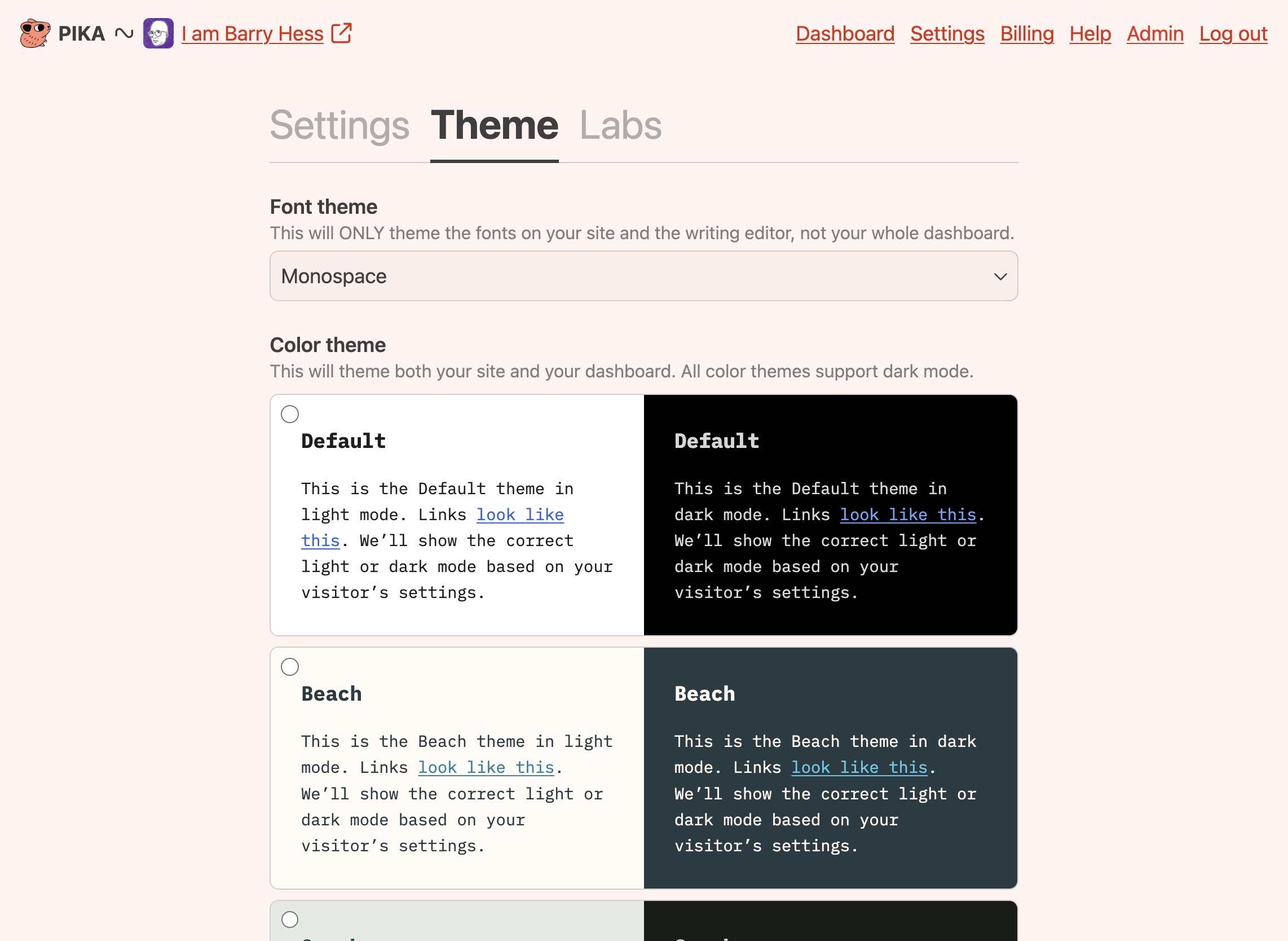 A screenshot of Pika’s theming interface